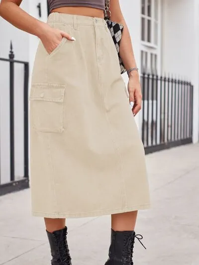 Relaxed Slit Buttoned Denim Pockets Skirt