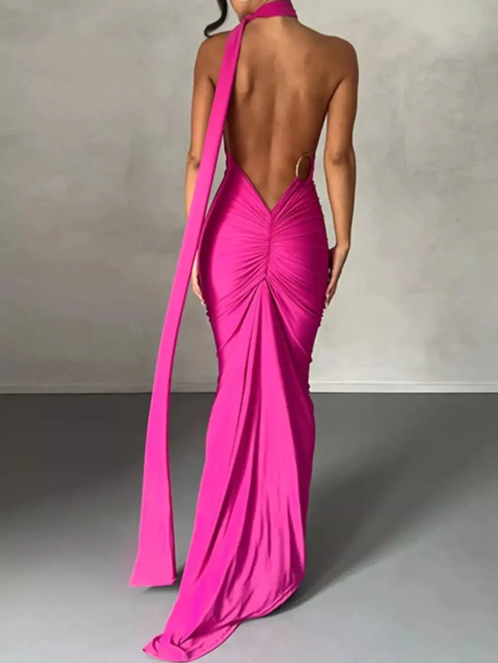 Backless One Shoulder Ruched Bodycon Maxi Dress