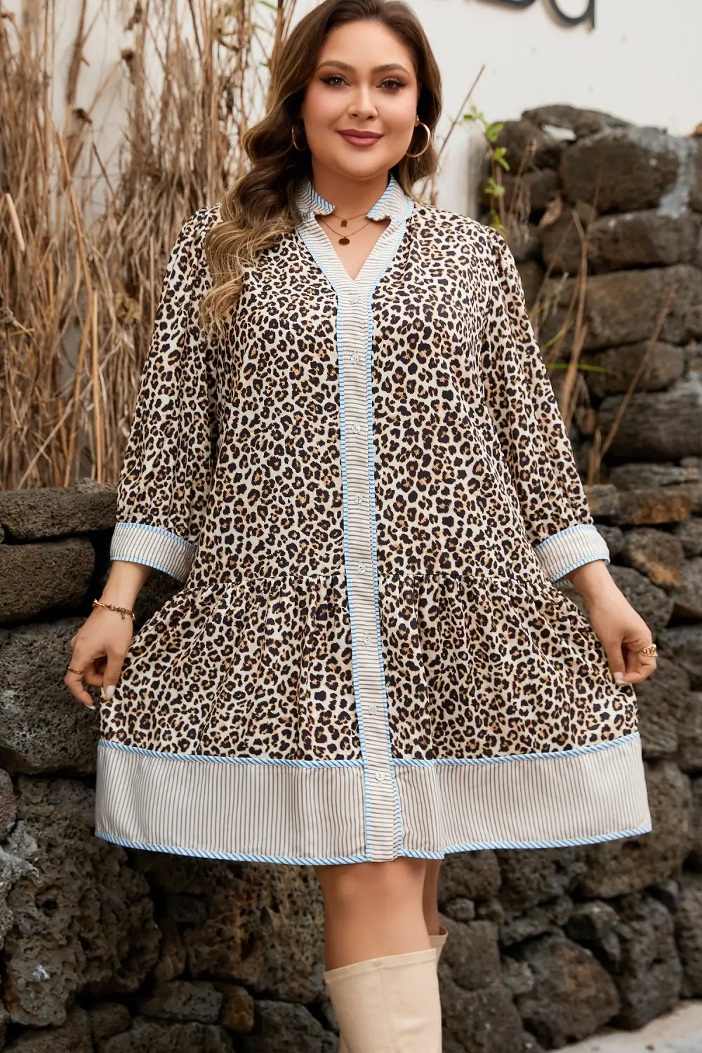 Lightweight Feel Striped Animal Print V Neck Mini Dress
