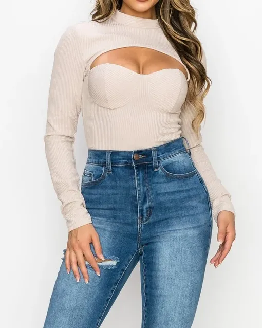 Ribbed Mock Neck Cutout Bodysuit