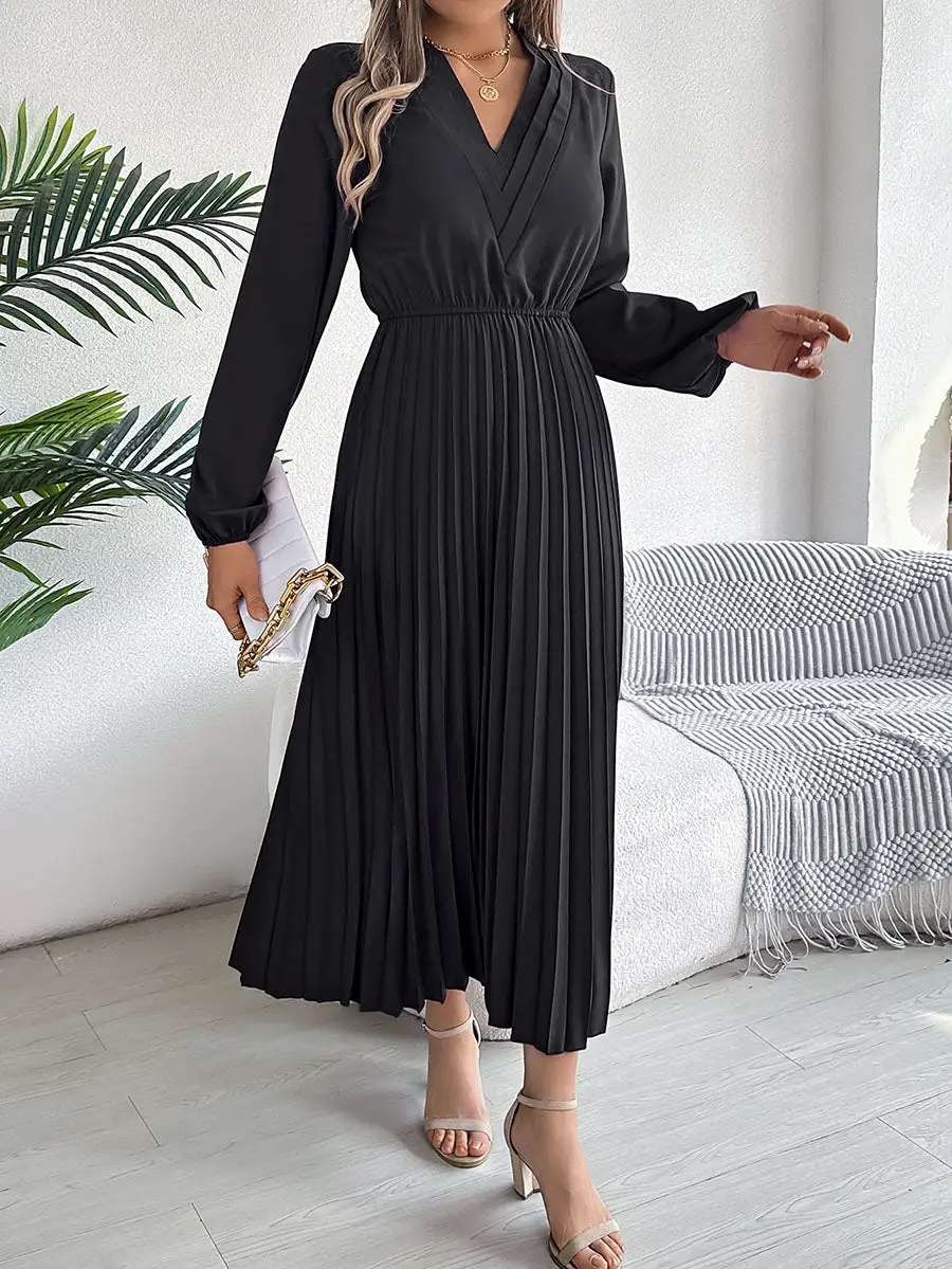 Elasticity Pleated Neck Maxi Dress