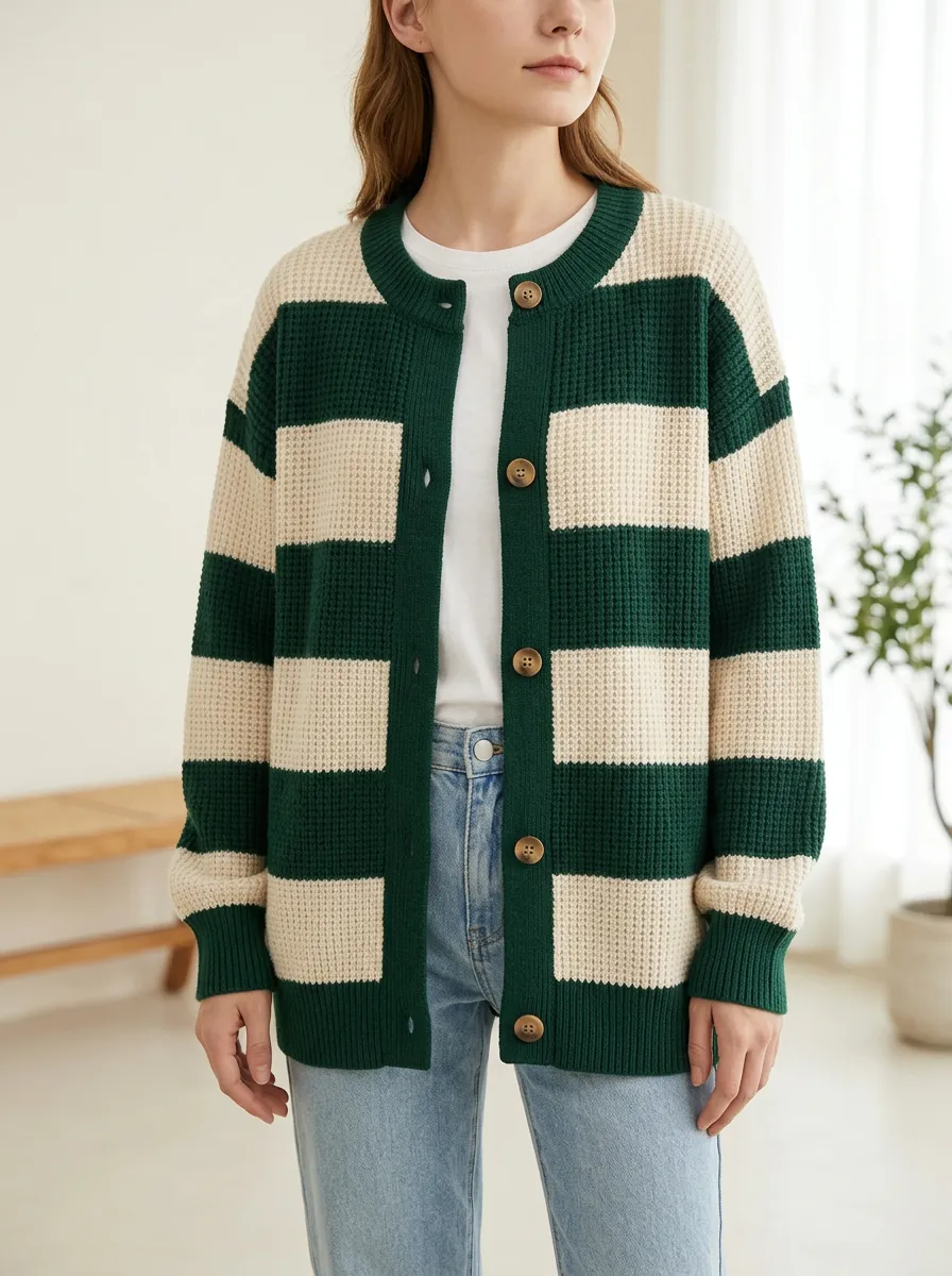 Waffle Knit Rugby Striped Waffle Knit Cardigan