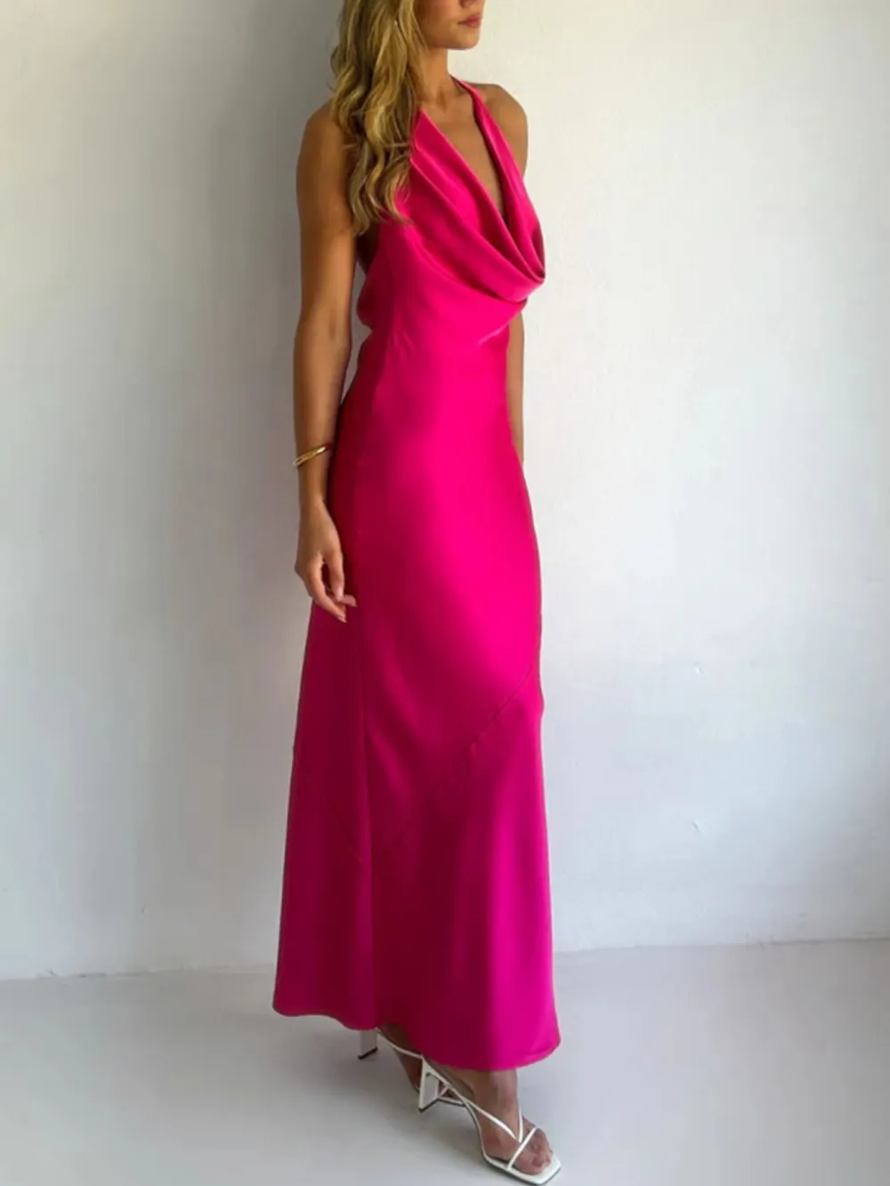 Ruched Halter Satin Maxi Dress