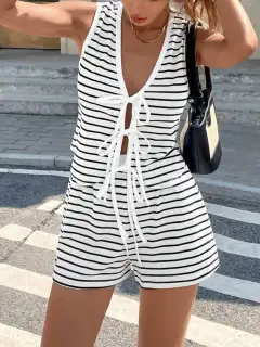 Relaxed Knit Striped Top and Shorts Matching Set
