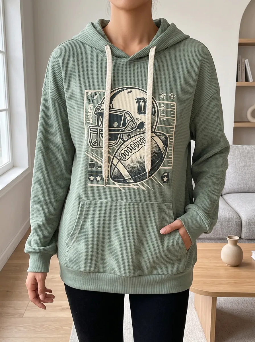 Women's American Football Fan Helmet Ball Printed Waffle Hoodie