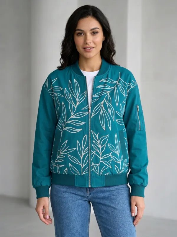 Women's Camden Botanical Leaf Pattern Bomber Jacket