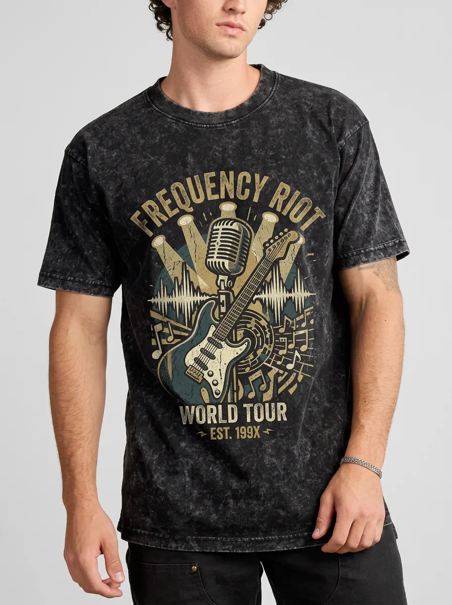 Men's Rock Band Frequency Riot Guitar Microphone Printed T-shirt