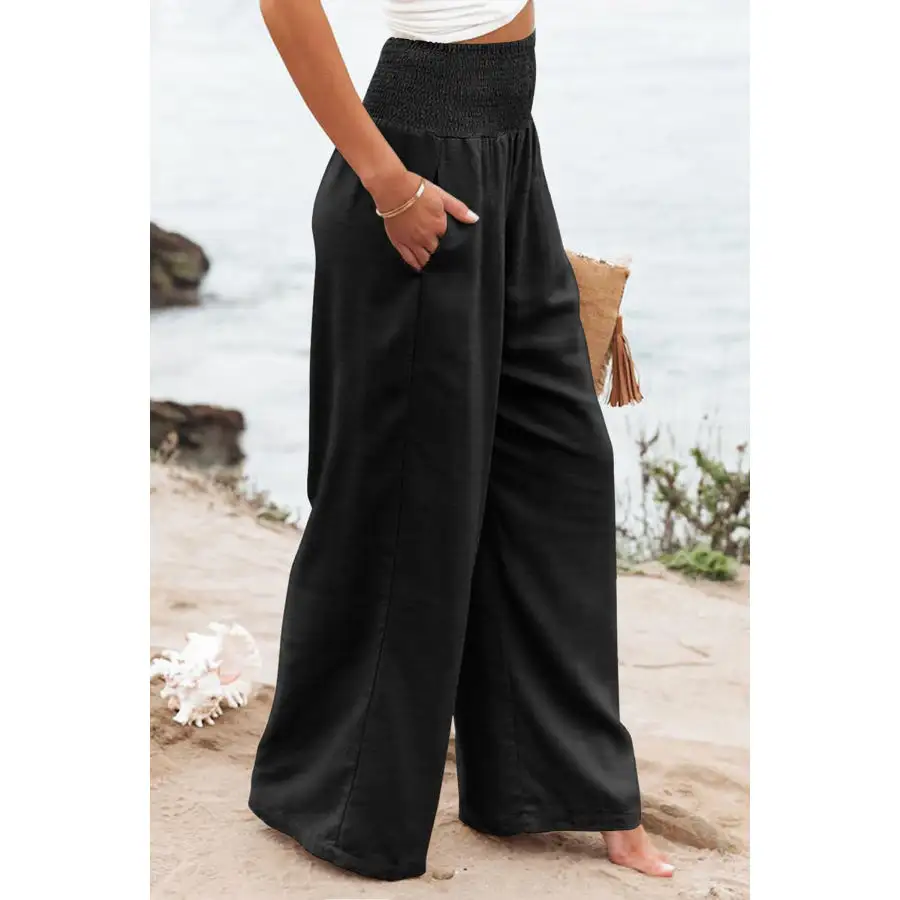 Plus Size Smocked High Waist Wide Leg Pants