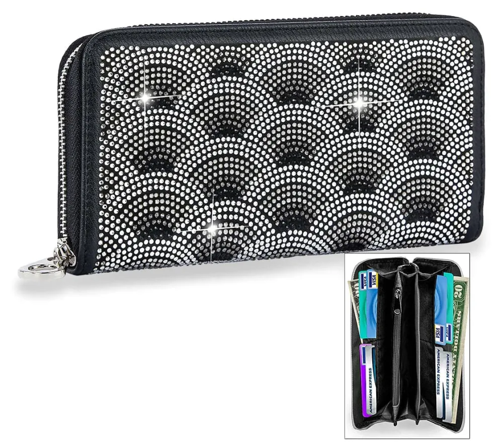 Streamlined Detail Crystal Accent Faux Leather Accordion Wallet