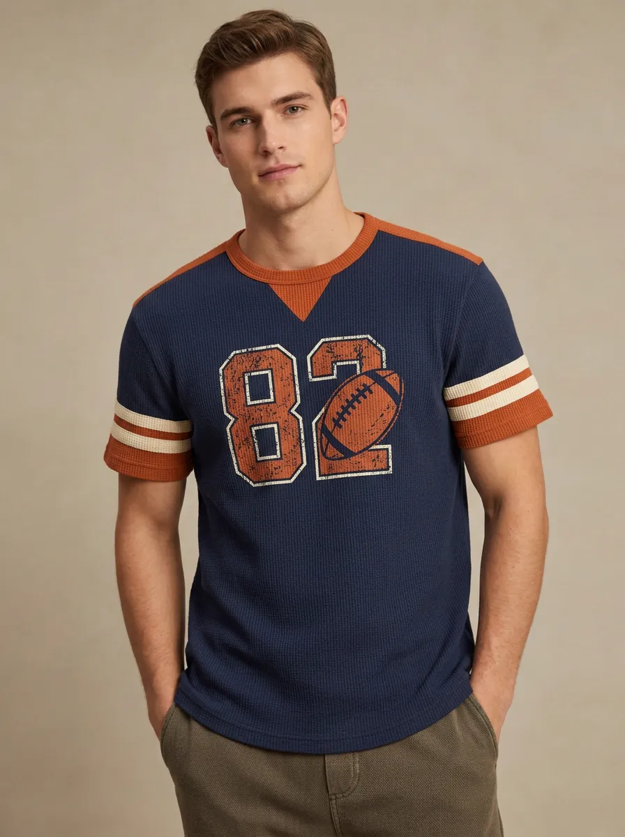 Men's American Football Fan 82 Number Printed Waffle Knit T-shirt