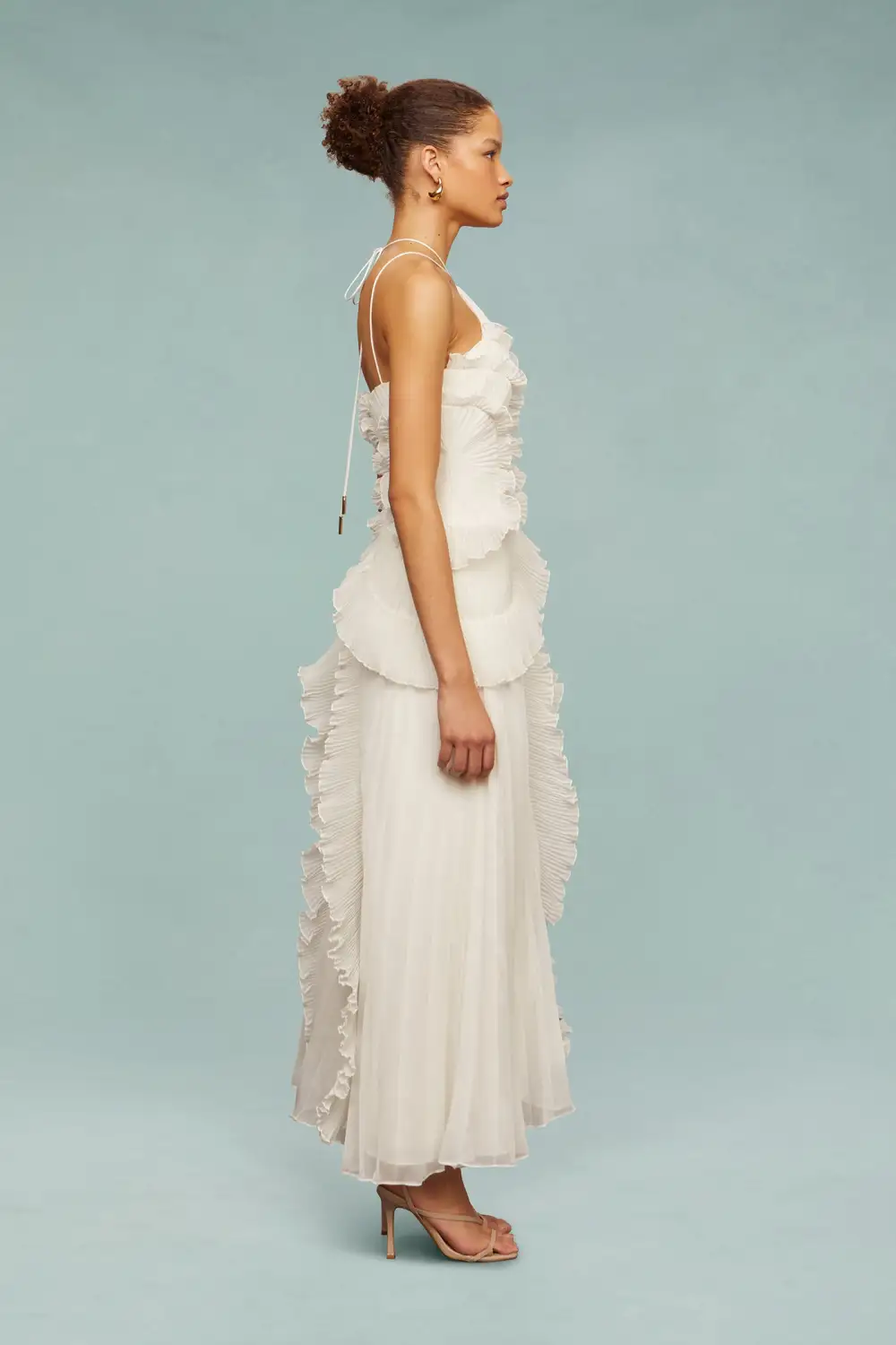Pleated Frill Halter Neck Midi Dress