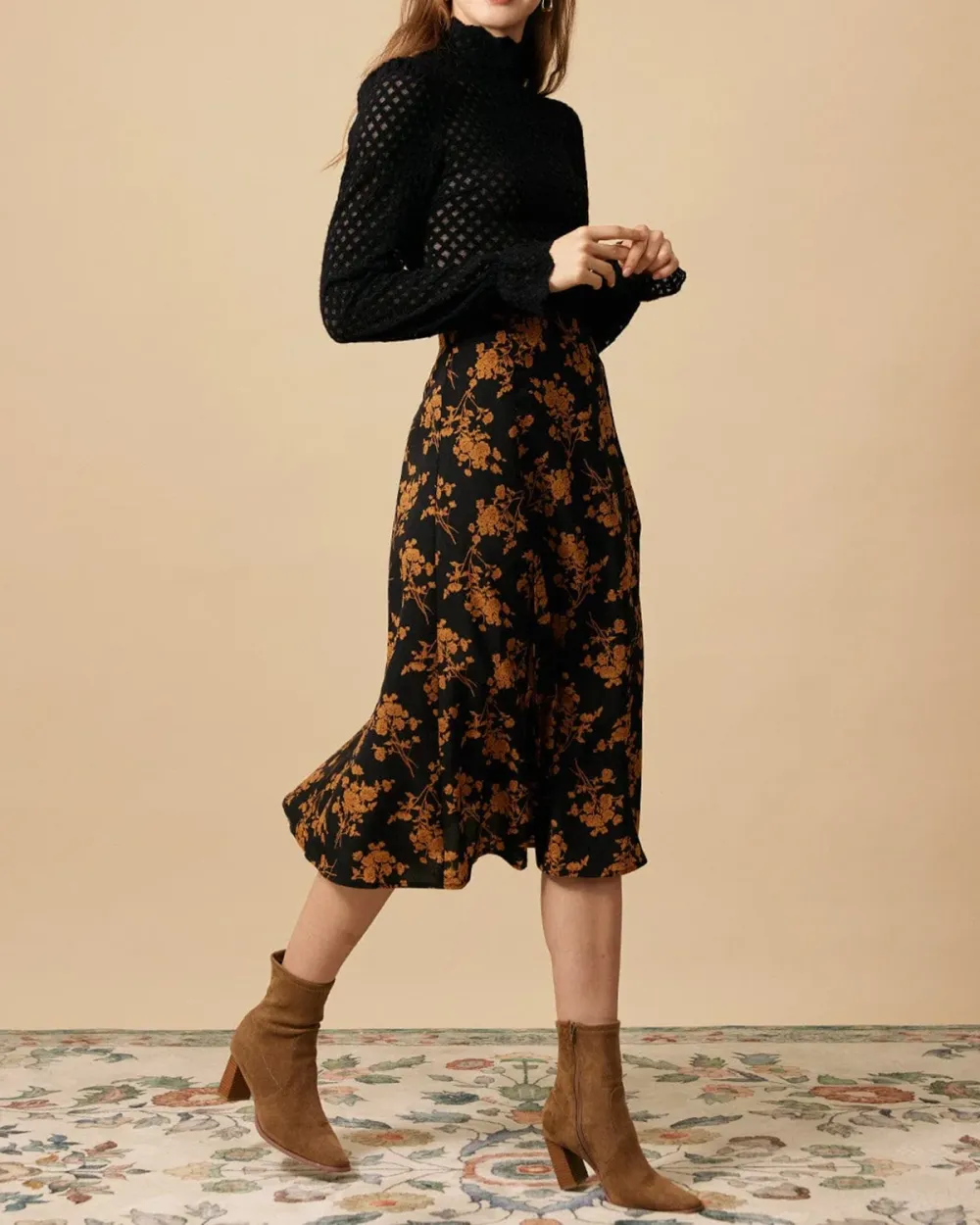 Plants Print Black Skirt