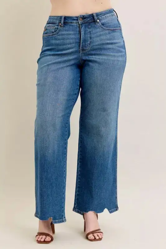 Full Size High Waist Tummy Control Chew Hem Destroy Wide Jeans Plus Size