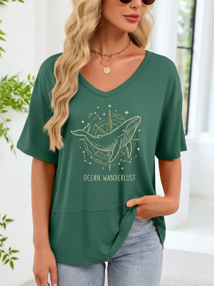 Women's Ocean Wanderlust Whale Compass Printed T-shirt