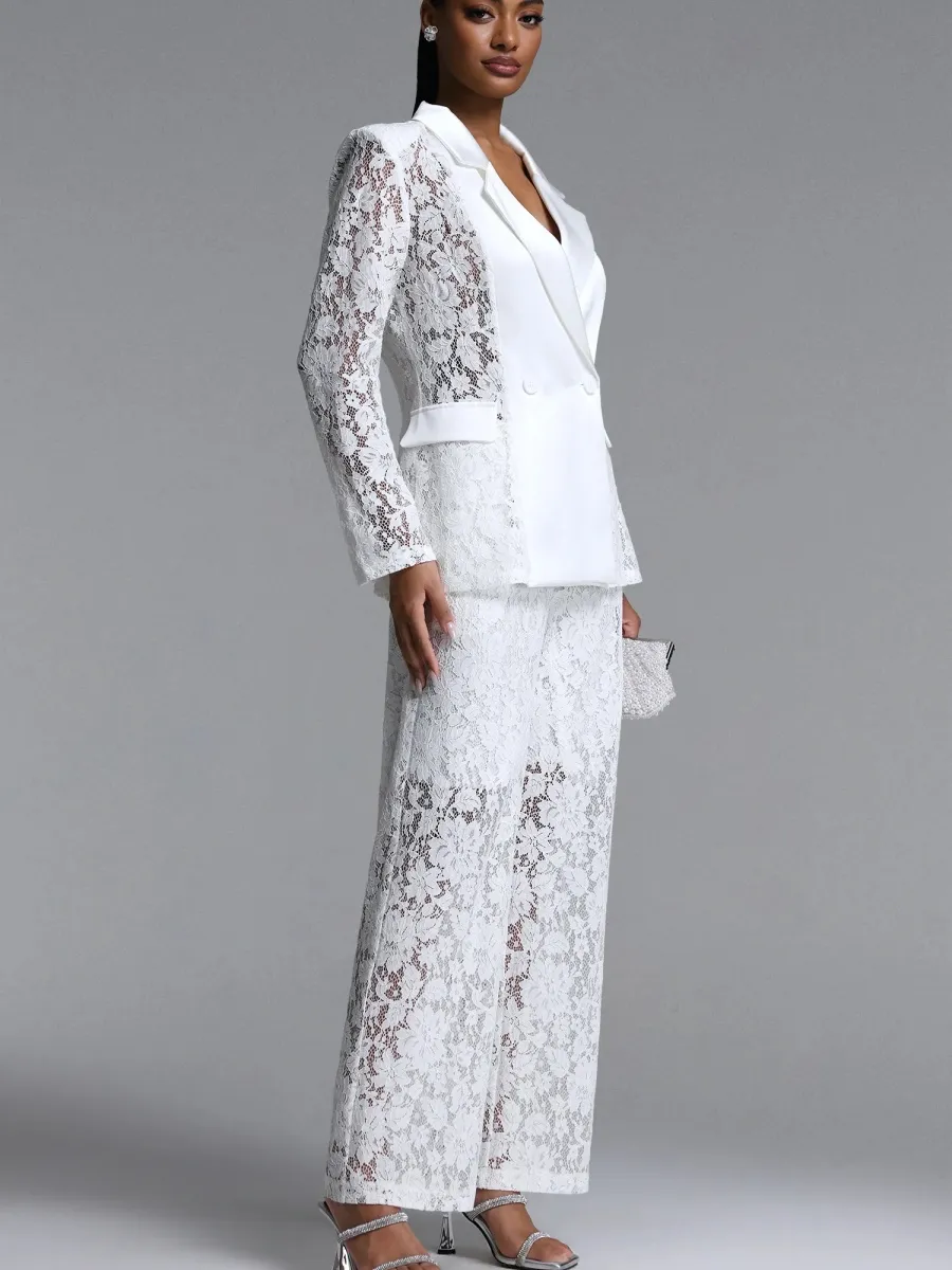 Elara  Lace Satin-Trimmed Blazer & Wide-Leg Pant Suit