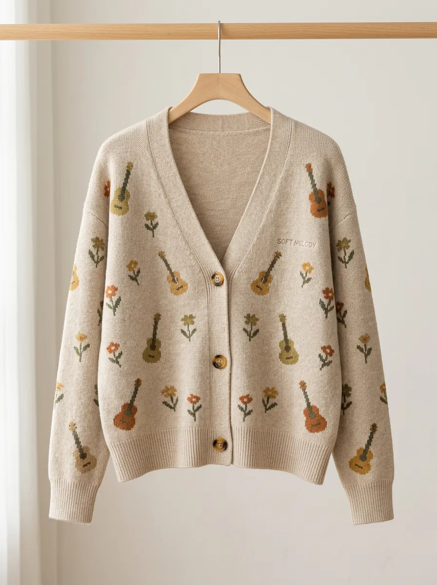 Vintage-Look Guitar Floral Women's Country Music Casual Cardigan