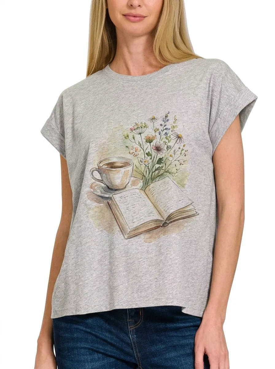 Women's Book Lover Coffee Floral Watercolor Printed T-shirt