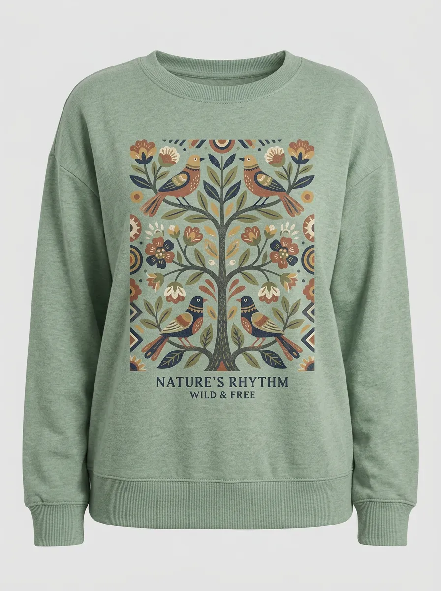 Nature Lover Folk Art Bird Floral Sweatshirt