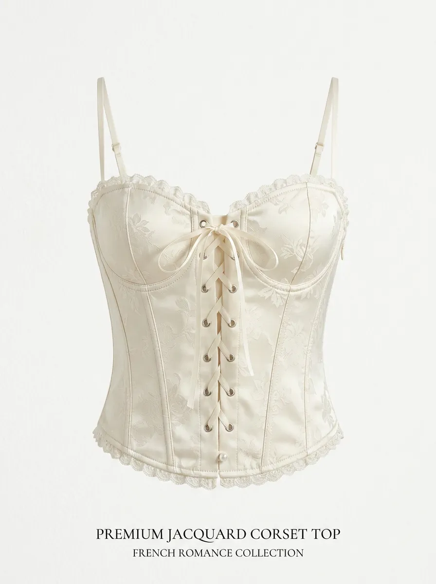 Jacquard Lace-Up Lace-Trim Women's Corset Top