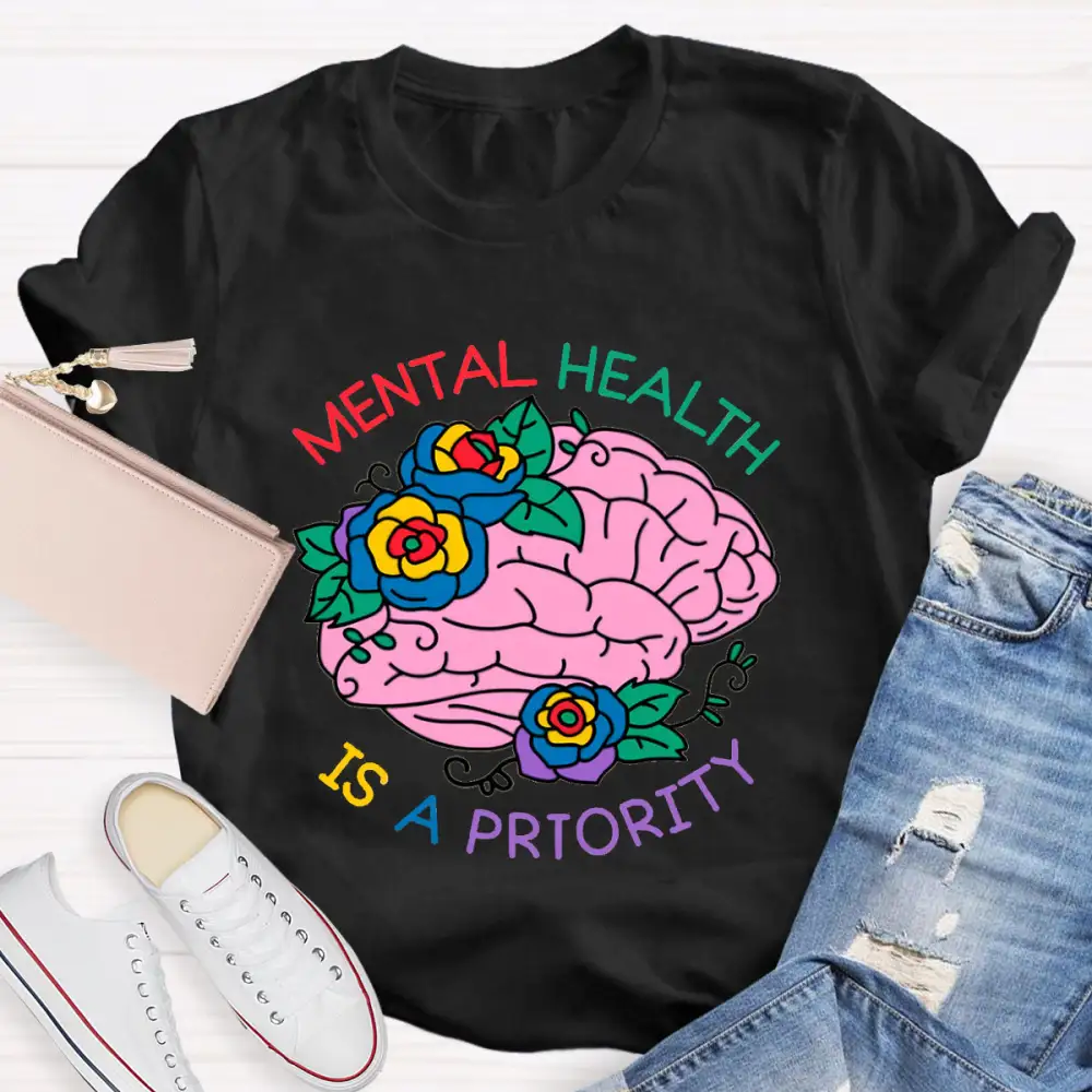 Mental Health Is A Priority Floral Brain T-Shirt