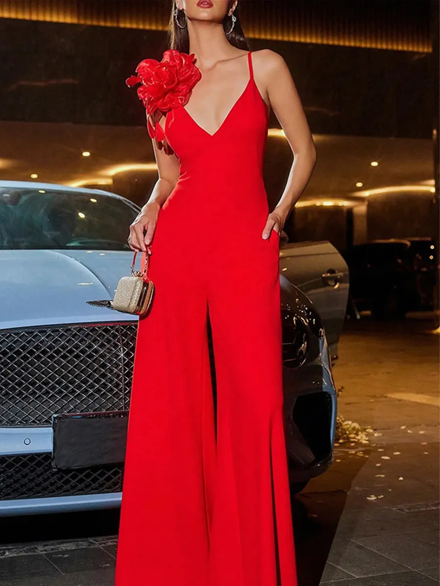 Nalani Deep-V Flower Jumpsuit In Red
