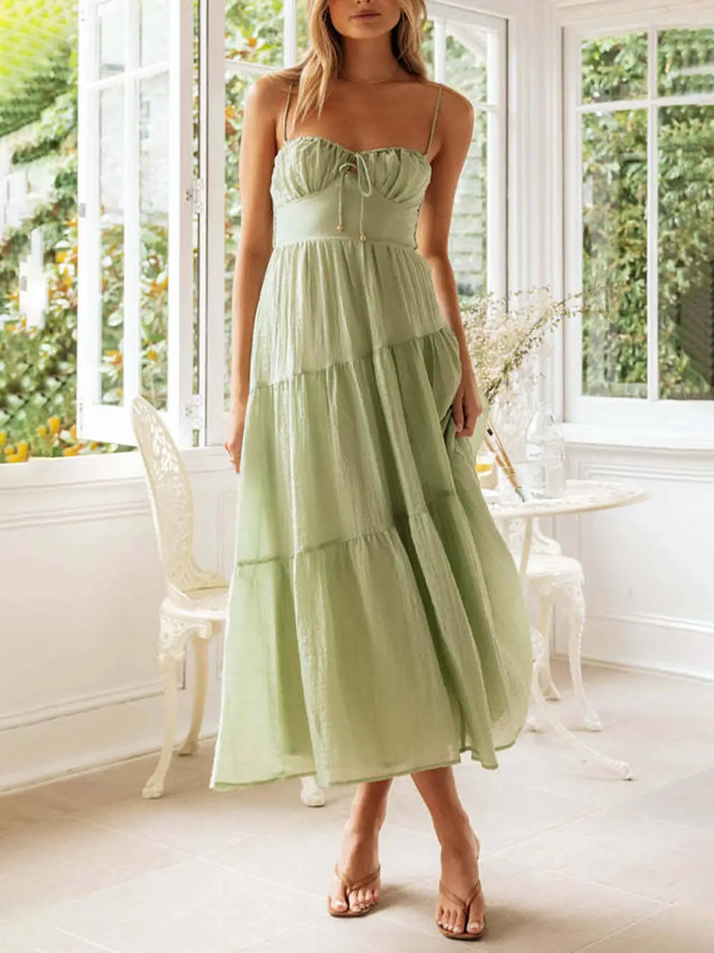 Open Back Lace Up Sleeveless Patchwork Midi Dress