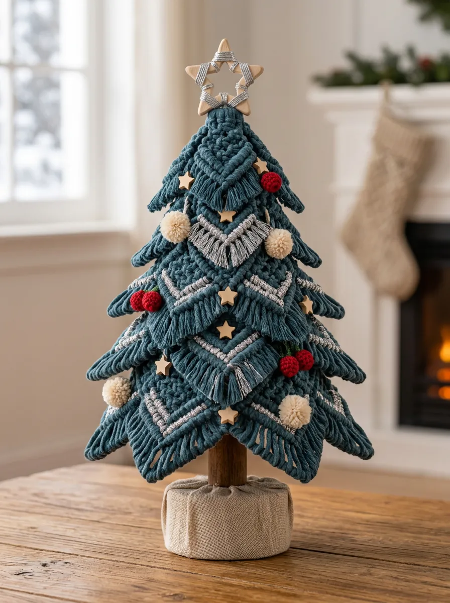 Boho Decor Macrame Star Pom-pom Woven Christmas Tabletop Tree