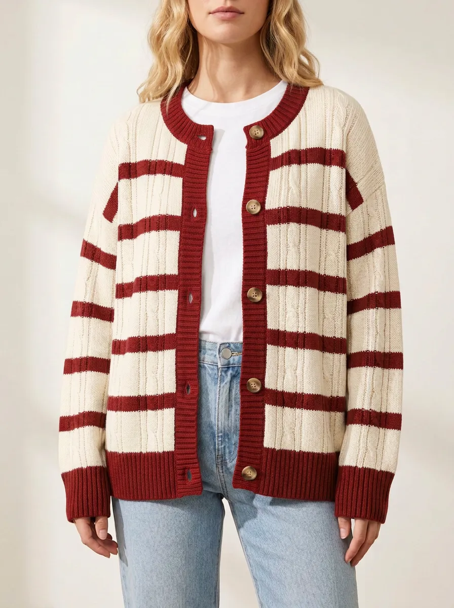 Cable Knit Rugby Striped Cable Knit Cardigan