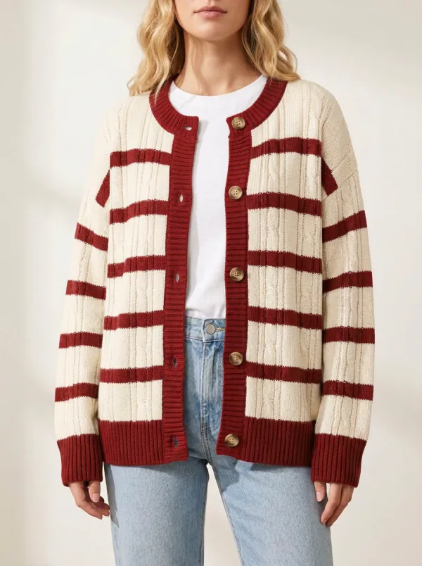 Cable Knit Rugby Striped Cable Knit Cardigan