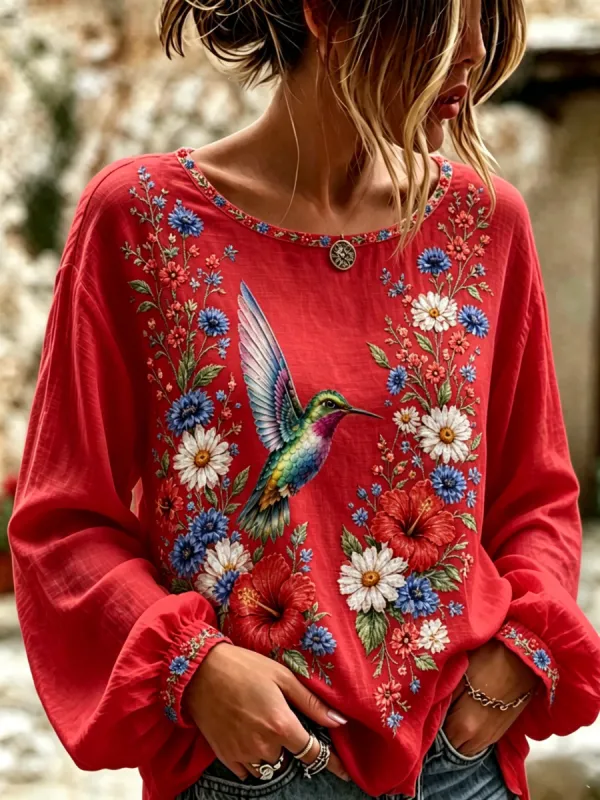 Women's 250Th Anniversary Hummingbird Print Casual Cotton-Linen Shirt