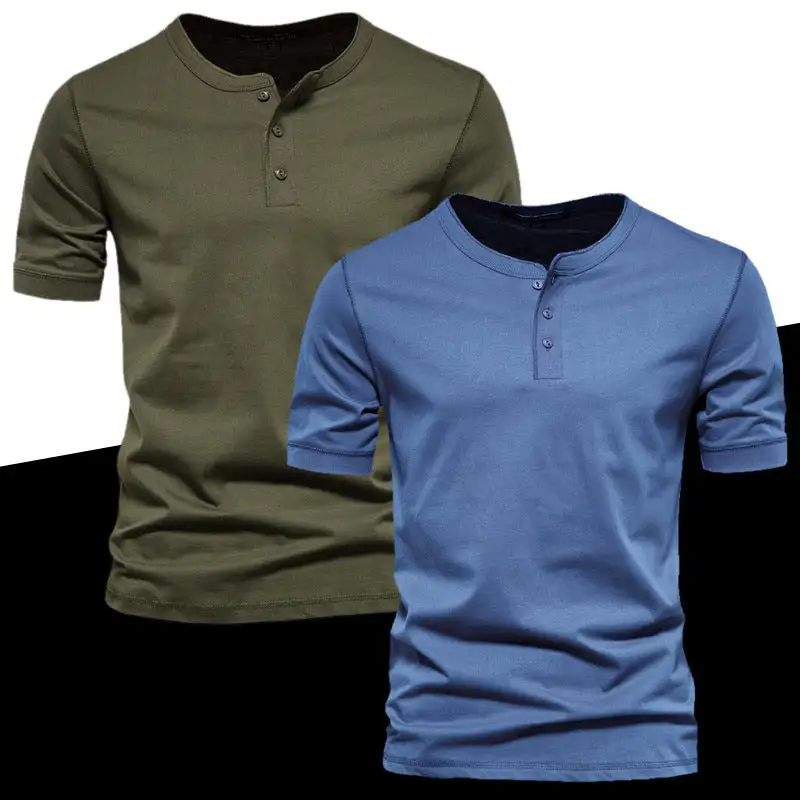 Men's Tailored Short-Sleeve Henley Shirt Cotton Blend With Button Placket
