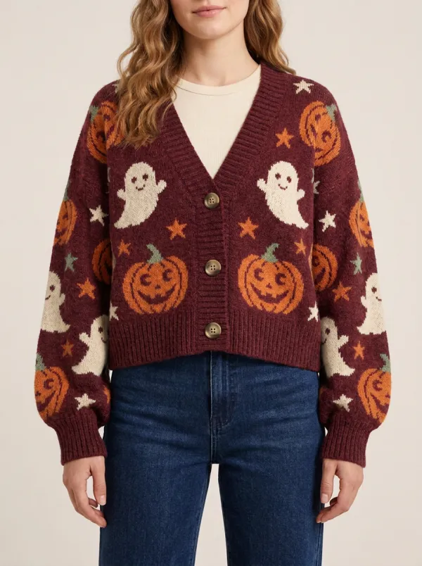 Women's Spooky Ghost Pumpkin Star Halloween Knit Cardigan