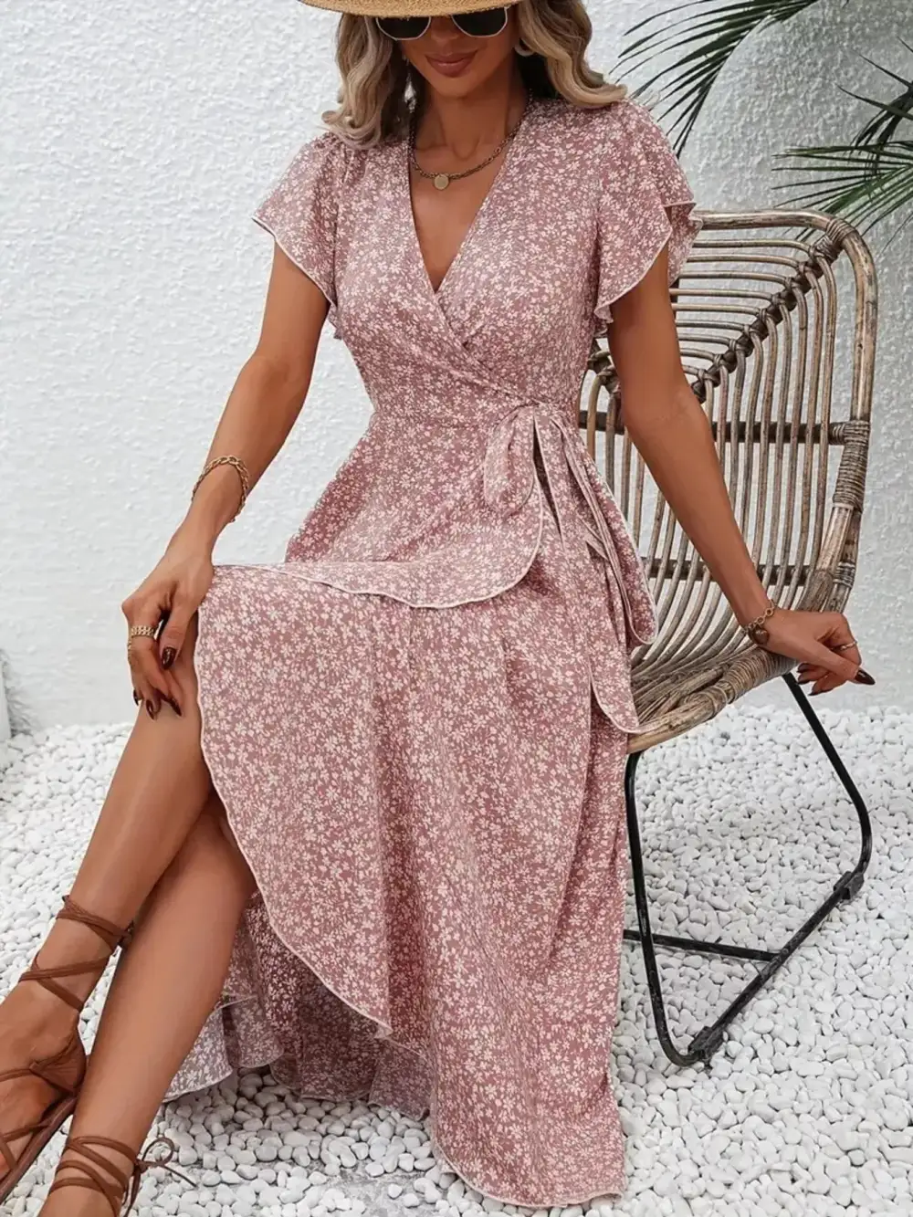 Ruffle Hem Wrap Midi Dress