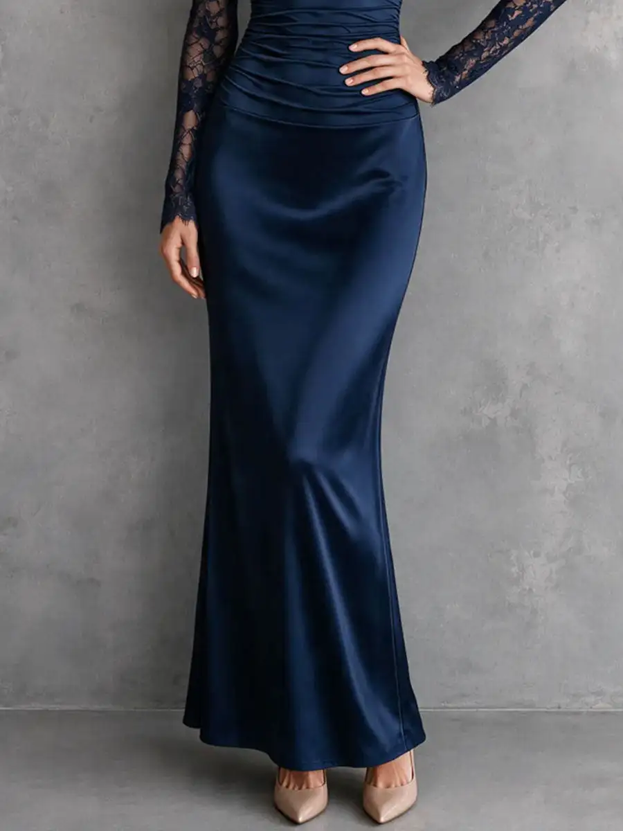 Elegant Navy Blue Lace Sleeve Cowl Neck Ruched Satin Mermaid Dress