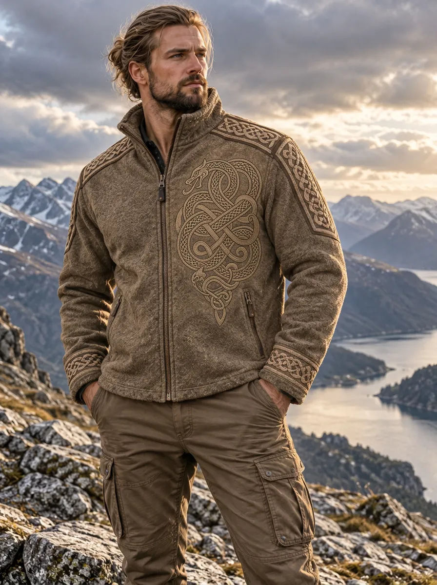 Men's Viking-Inspired Dragon Celtic Knot Embroidered Full-Zip Jacket