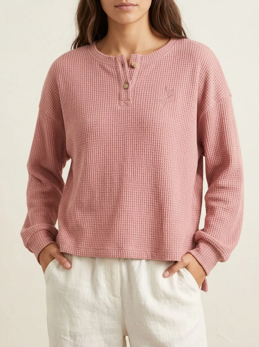 Women's Pink Waffle Knit Leaf Embroidered Henley Shirt