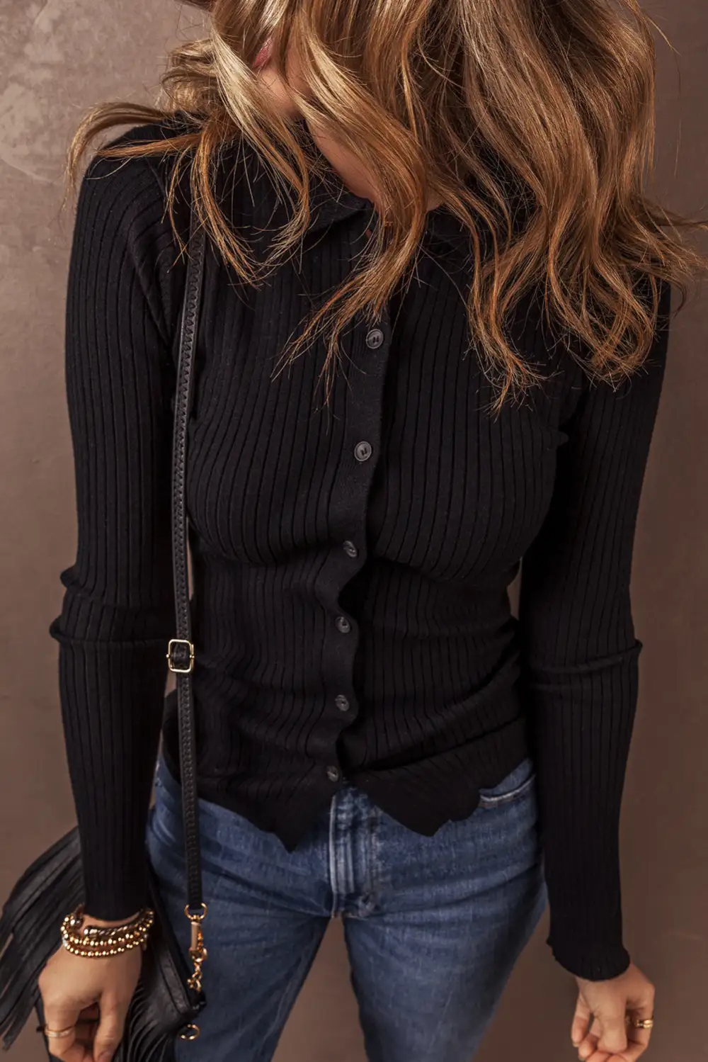Ribbed Knit Collared Slim Fit Cardigan
