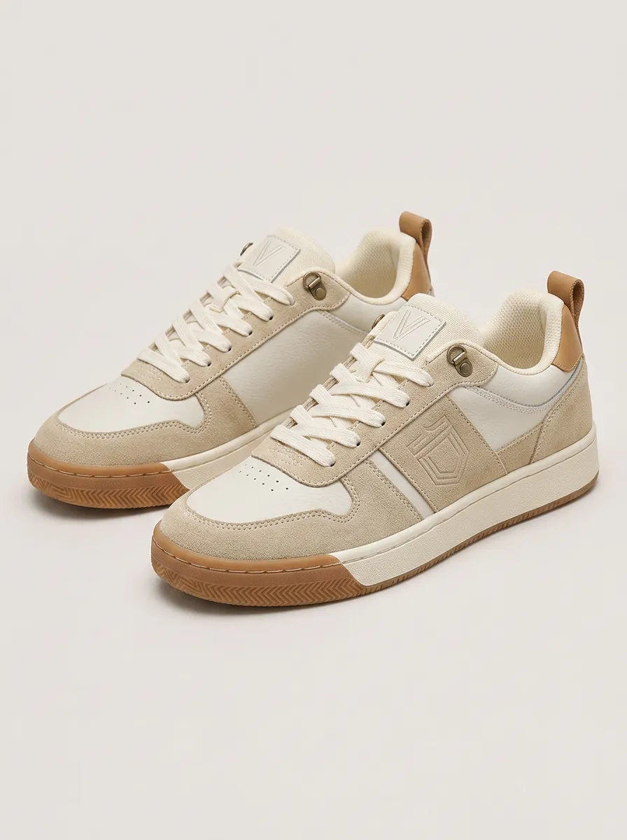 Men's Casual Beige Suede Leather Embossed Logo Sneakers