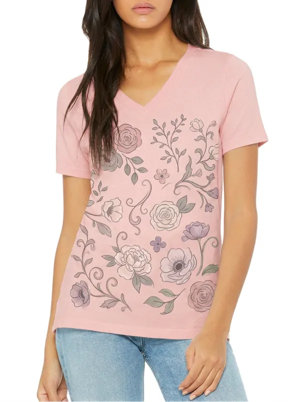 Women's Floral Lover Pastel Rose Botanical Printed V-neck T-shirt