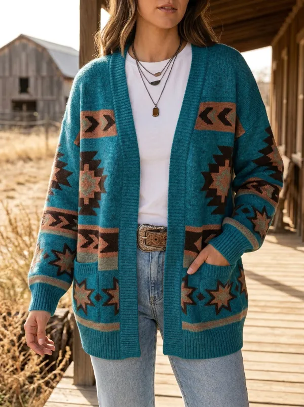 Women's Western Aztec Geometric Pattern Printed Cardigan Sweater