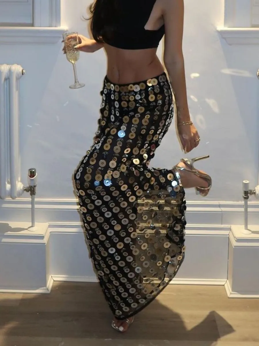 Marisol Sequin Disc Mesh Maxi Skirt in Black
