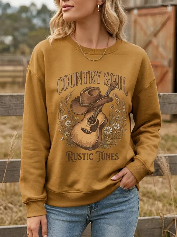 Western-Inspired Guitar Cowboy-Hat Women's Country Music Long-Sleeve Shirt