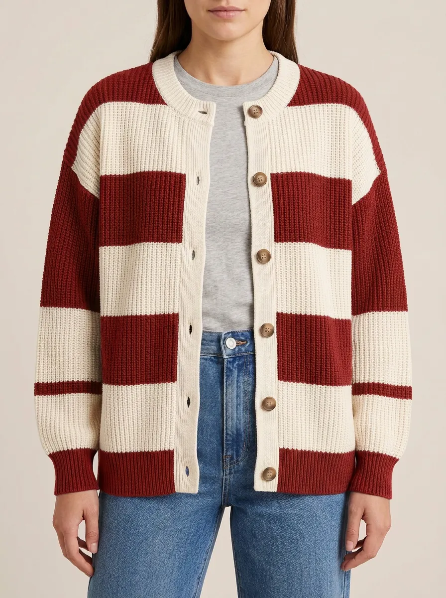 Casual Distinctive Rugby Striped Knit Cardigan