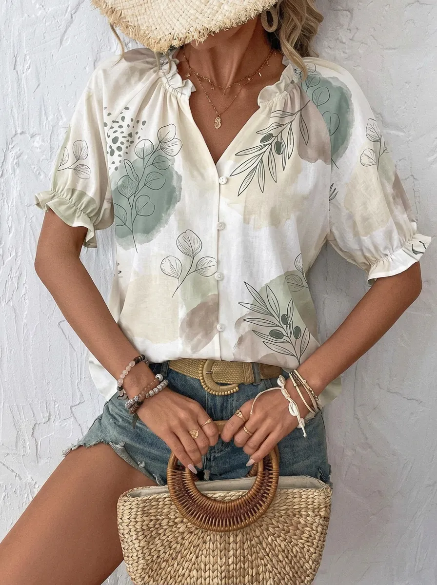 Women's Boho Botanical Olive Leaf Watercolor Printed Blouse