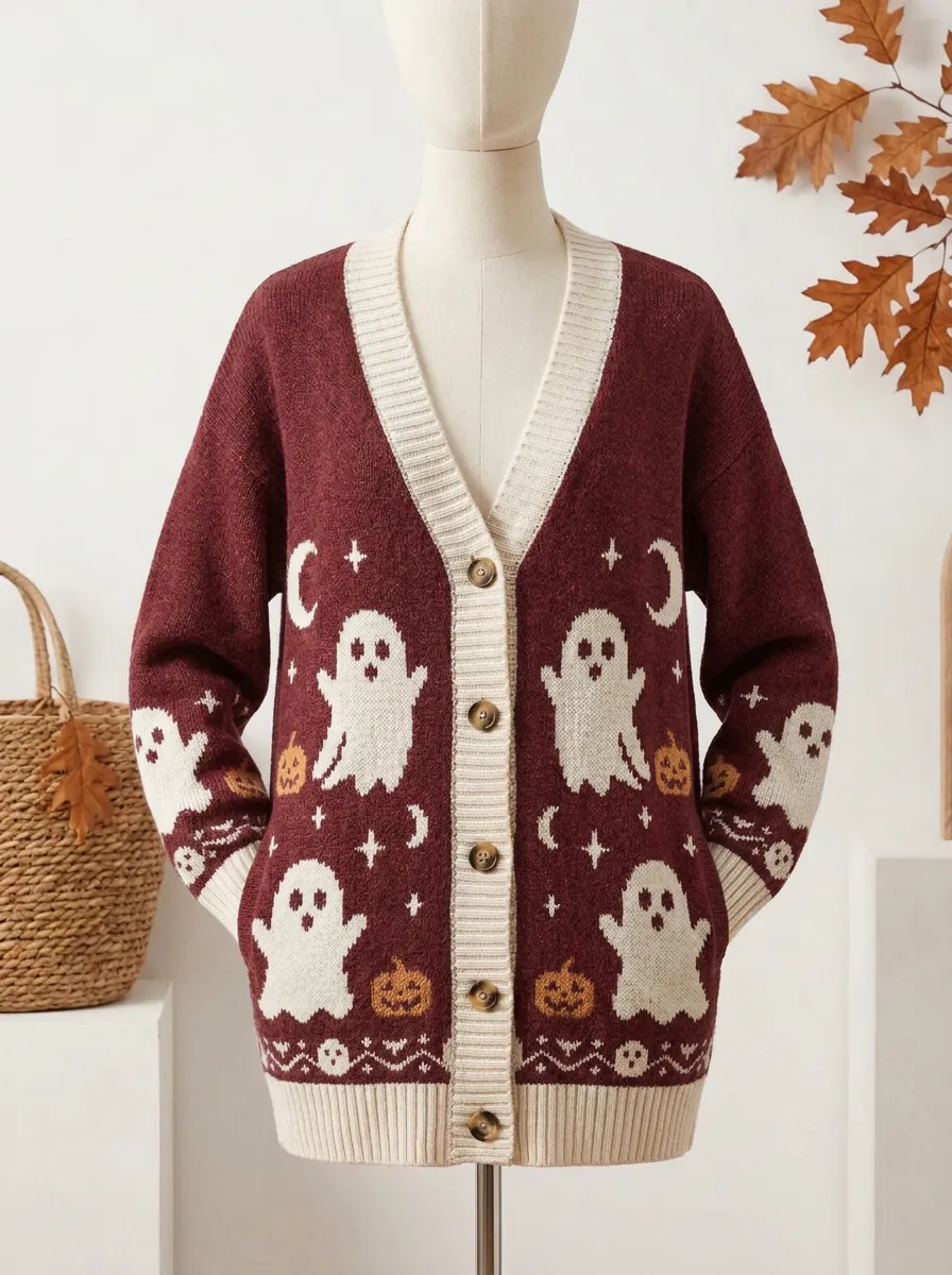 Women's Halloween Ghost Pumpkin Moon Pattern Knitted Cardigan