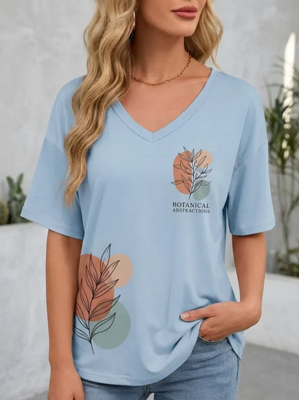 Women's Botanical Abstract Leaf Line Art Printed V-Neck T-Shirt