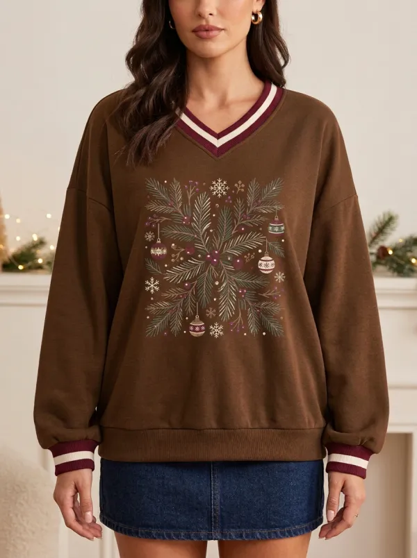 Christmas Pine Branch Ornament Print V-neck Sweatshirt