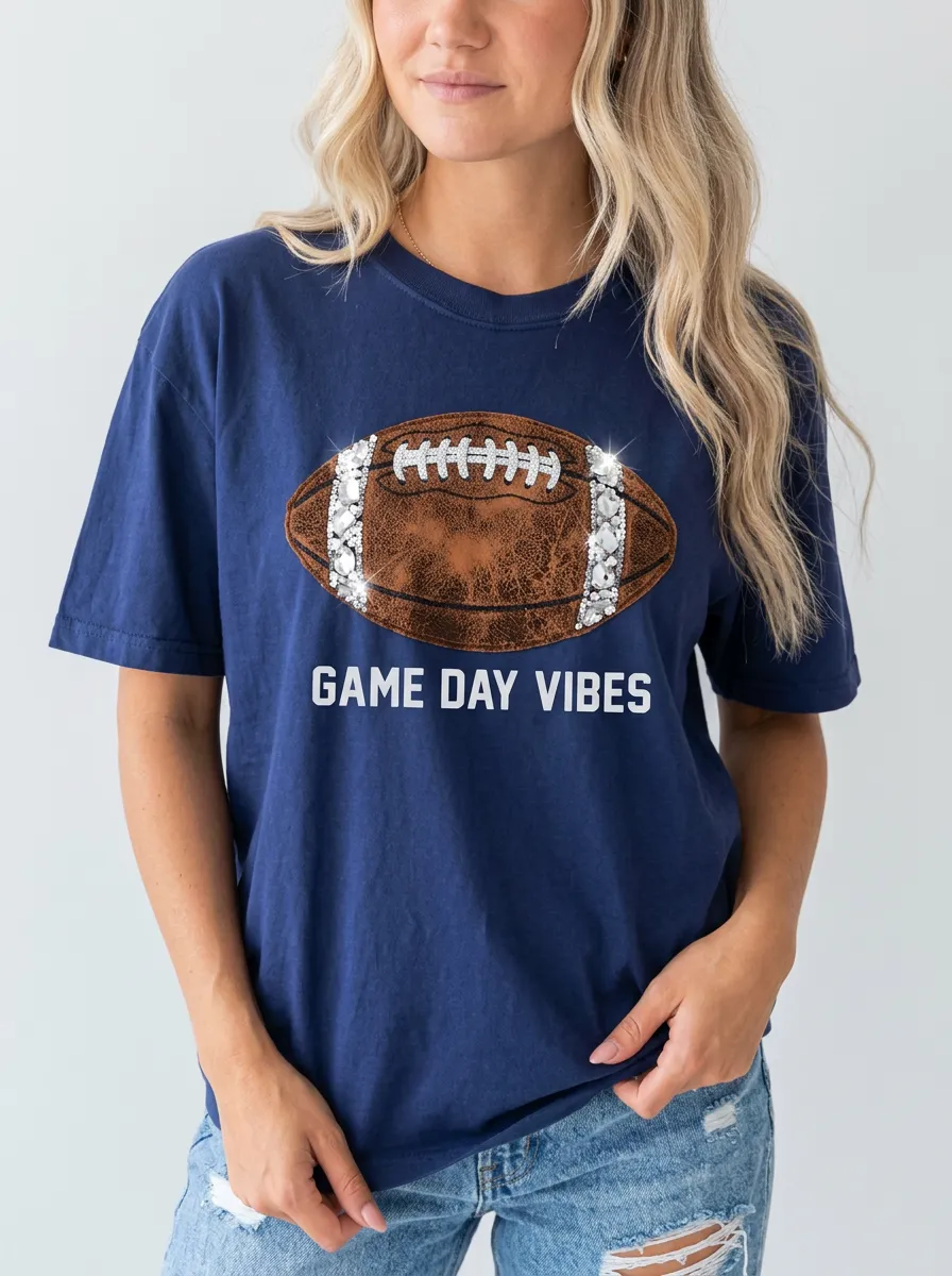 Women's Football Fan Game Day Vibes Rhinestone Printed T-shirt