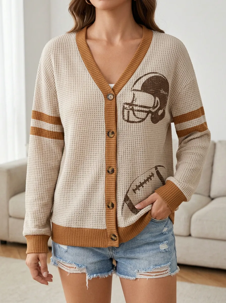 Women's Heritage Football Fan Helmet and Ball Printed Waffle Knit Cardigan