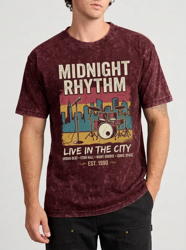 Men's Music Lover Midnight Rhythm Drum City Printed T-shirt